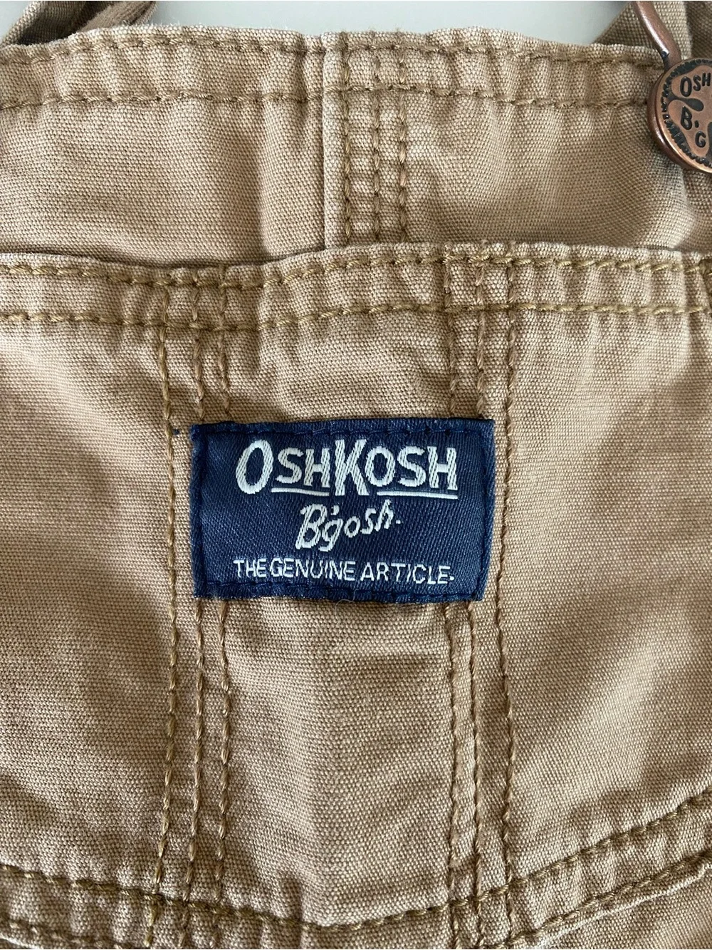 OshKosh B'gosh tan khaki Cotton Canvas carpenter Bib Overalls 24 Months